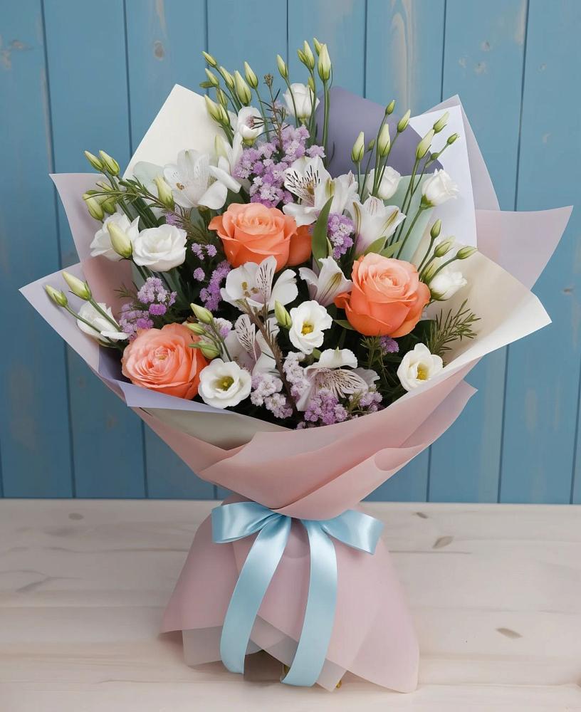 Букет цветов из: Лизиантусы, Розы, Альстромерии и Гипсофила в Владимировке